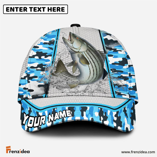 Frenzidea Personalized Striped Bass Fishing Light Blue Camo Sport Classic Cap