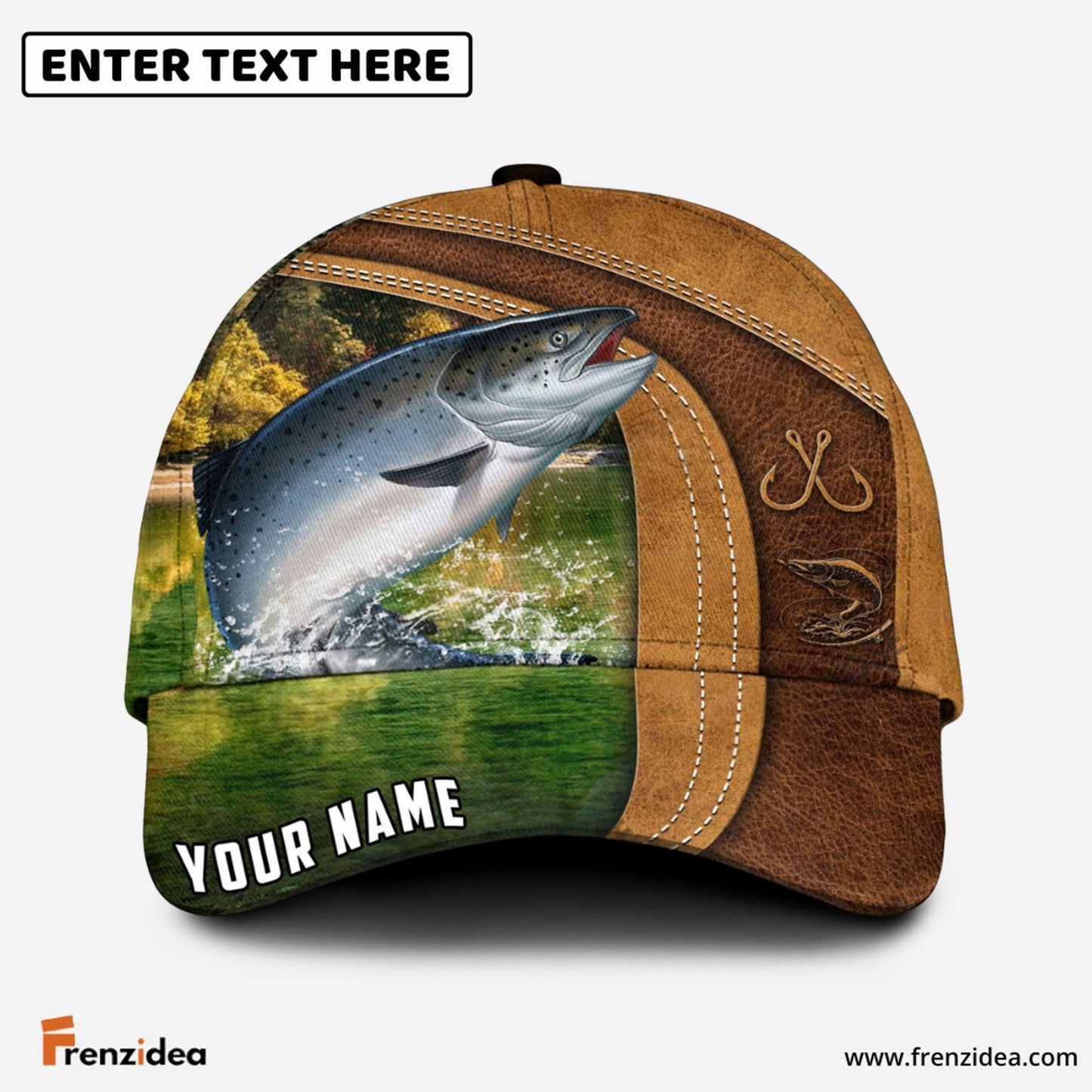 Frenzidea Personalized Salmon Fishing Leather Pattern Classic Cap