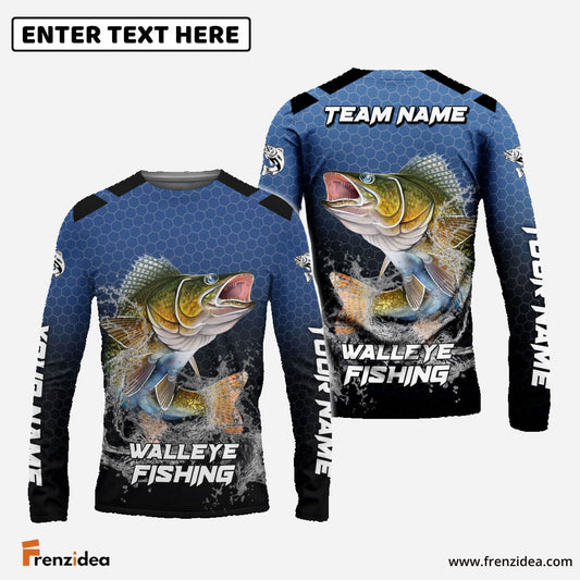 Frenzidea Walleye Fishing Navy Hexagon Sport Custom Name & Team Name 3D Shirts