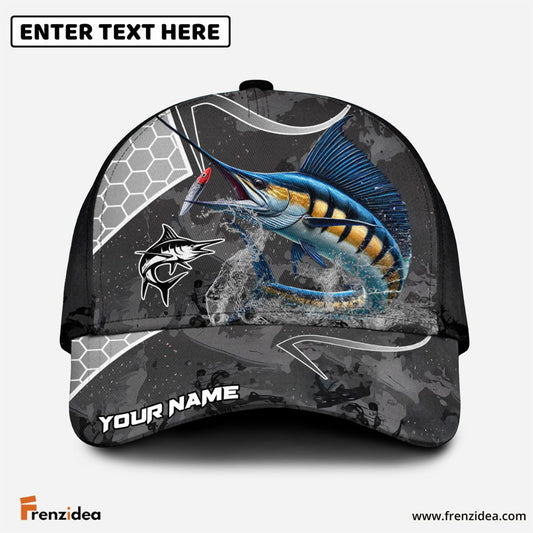 Frenzidea Marlin Fishing Gray Camo Sport Personalized Cap