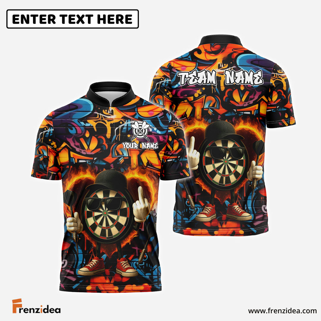 Frenzidea Darts Flaming Dartboard Attitude Graffiti Pattern Personalized Name, Team Name Shirt (4 Colors)