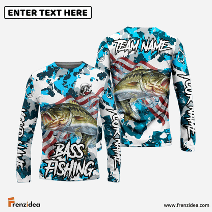 Frenzidea Bass Fishing American Flag Light Blue Camo Custom Name & Team Name 3D Shirts