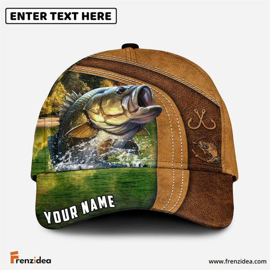 Frenzidea Personalized Large Mouth Bass Fishing Leather Pattern Classic Cap