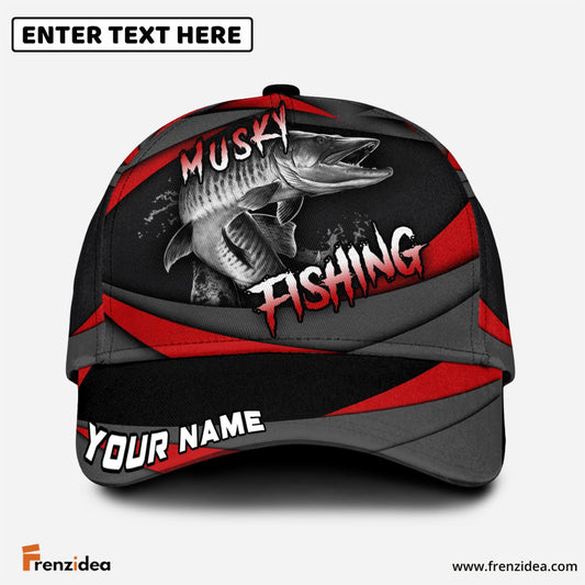 Frenzidea Personalized Musky Fishing Red Gray Spinning Pattern Classic Cap