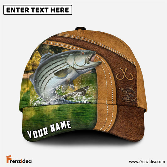 Frenzidea Personalized Striped Bass Fishing Leather Pattern Classic Cap