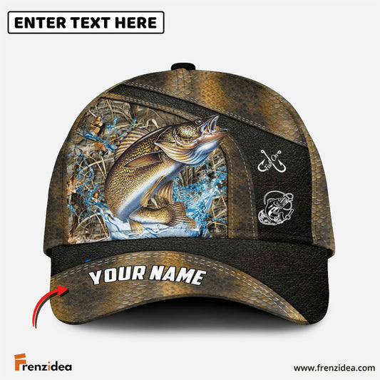 Frenzidea Personalized Walleye Fishing Skin Bling Leather Pattern Classic 3D Cap