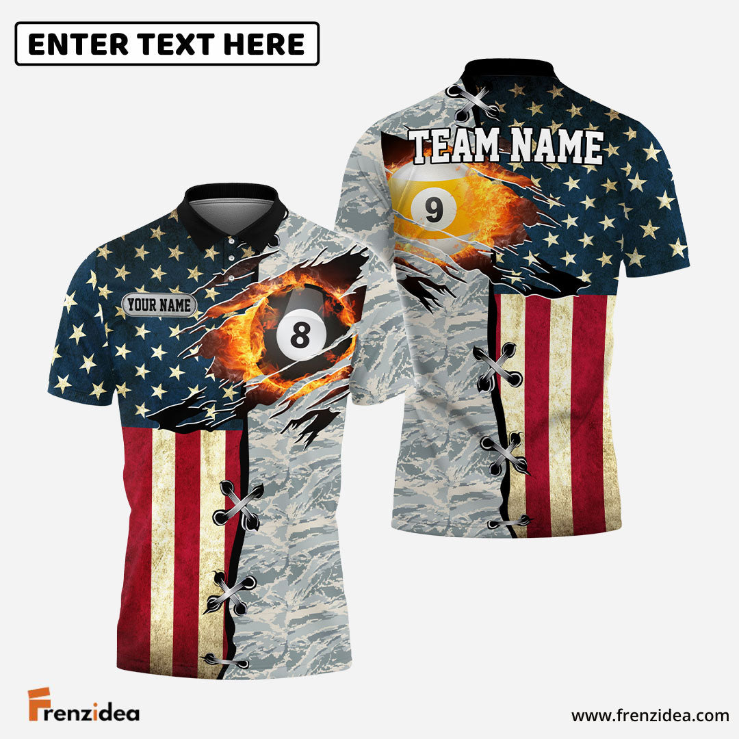 Frenzidea Billiards Ball 8 And 9 American Flag Camo Personalized Name, Team Name Unisex Shirt ( 4 Colors )