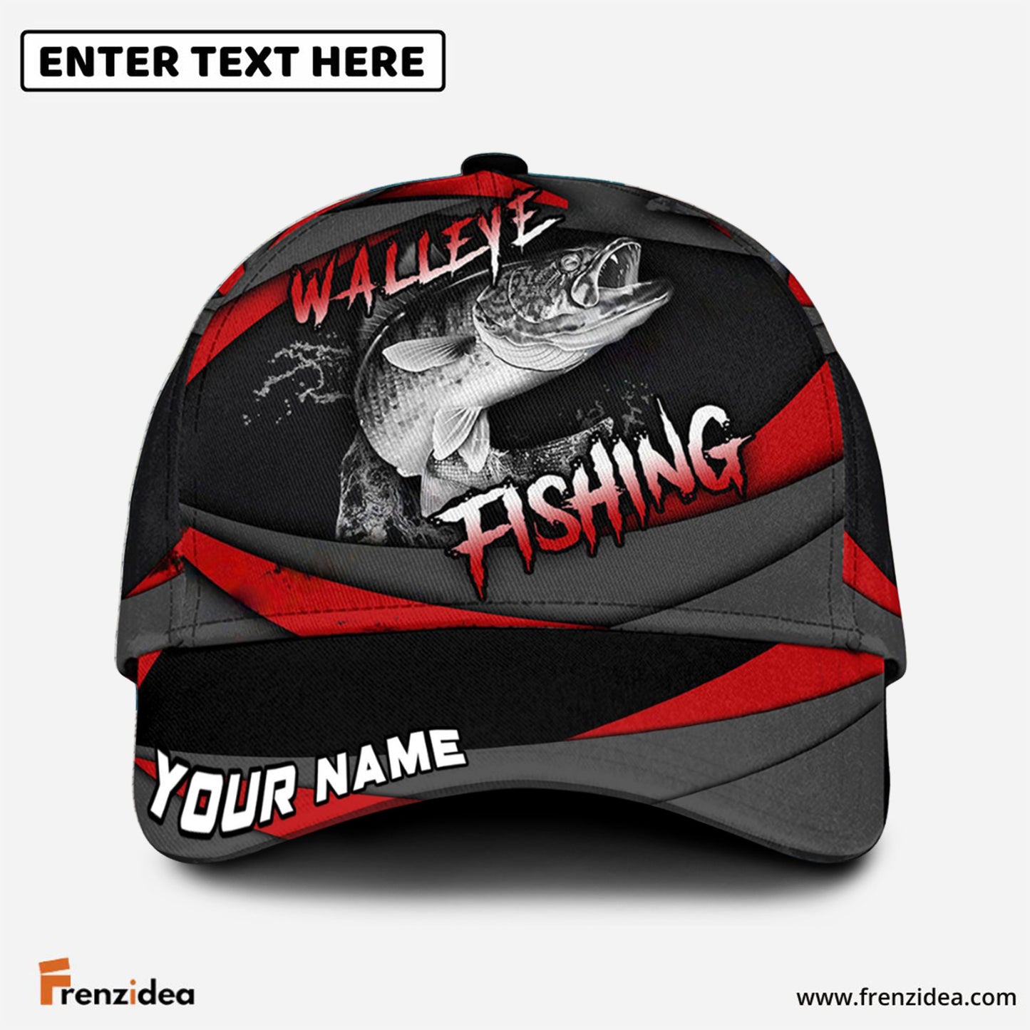 Frenzidea Personalized Walleye Fishing Red Gray Spinning Pattern Classic Cap