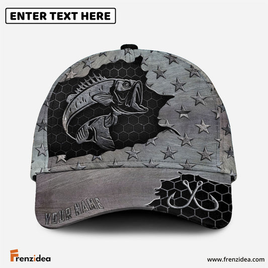 Frenzidea Personalized Large Mouth Bass Fishing Black Metal Pattern Classic Cap