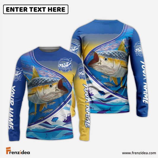 Frenzidea Personalized Tuna Fishing Scales Blue Camo Long Sleeve Fishing Shirts, Tuna Saltwater Fishing