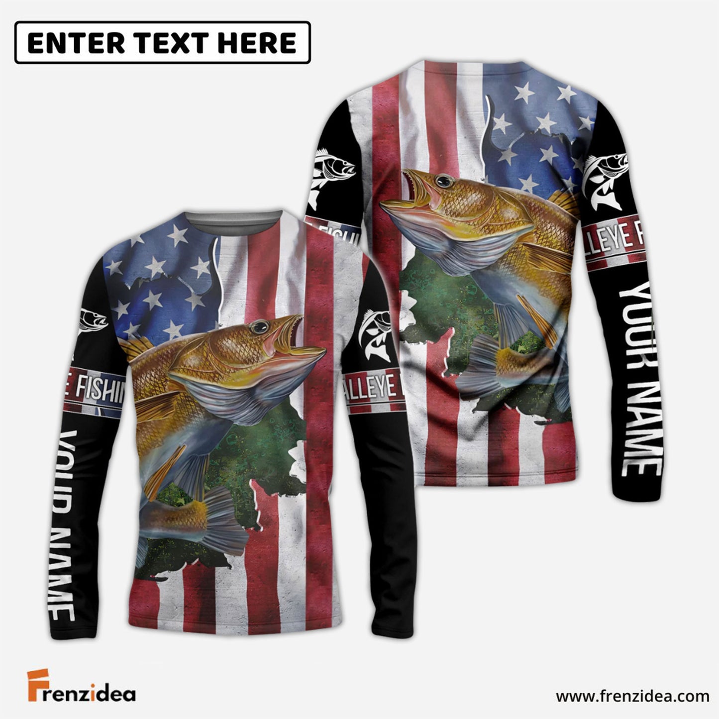 Frenzidea Walleye Fishing American Flag Patriotic Fourth Of July Personalized Walleye Long Sleeve Fishing Shirts