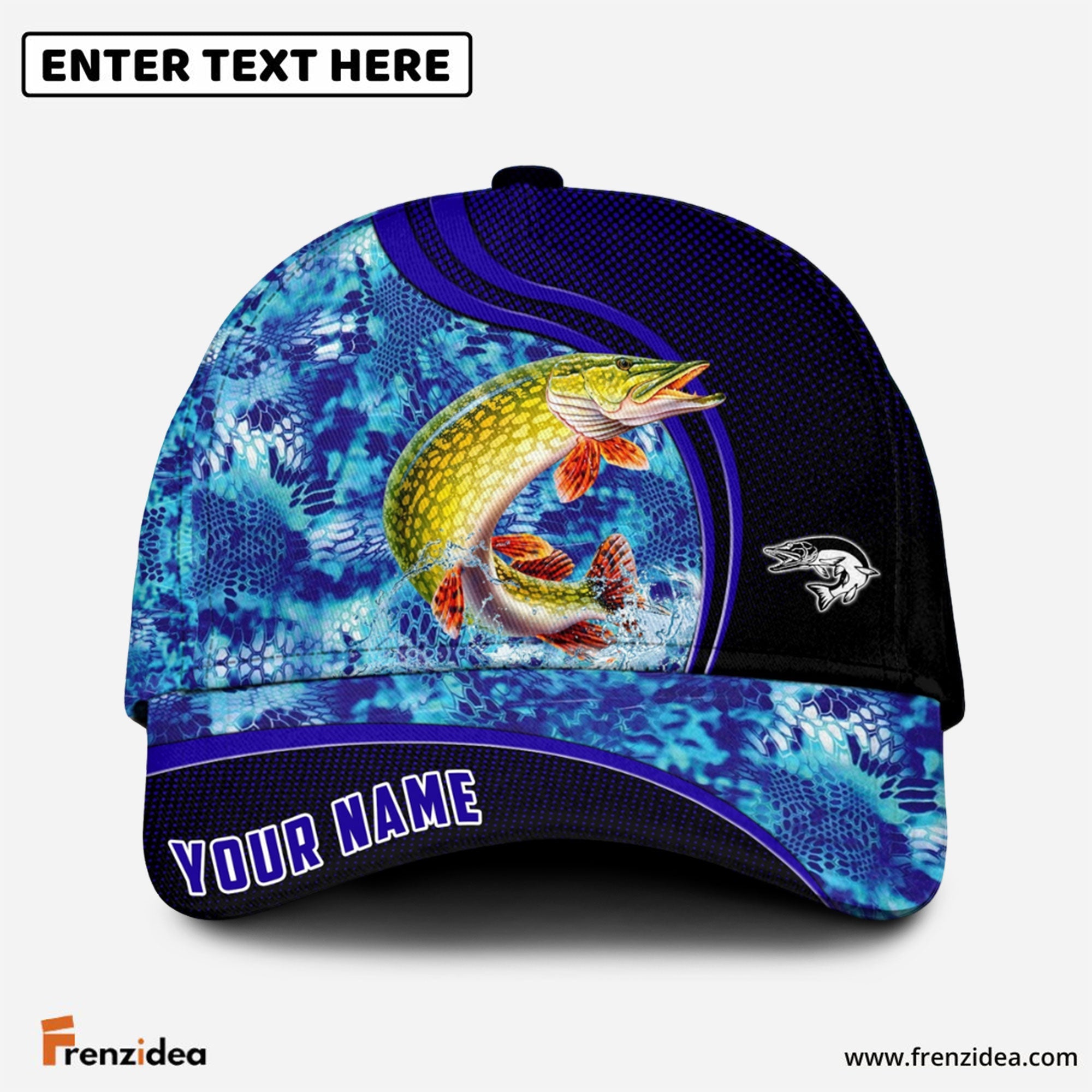 Frenzidea Blue Patchy Northern Pike Fishing Personalized Cap
