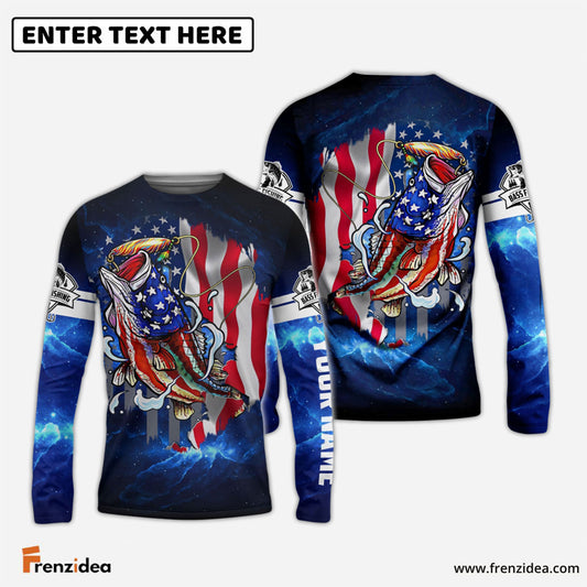 Frenzidea Bass Fishing 3D American Flag Patriotic Customize Name All Over Print Shirt