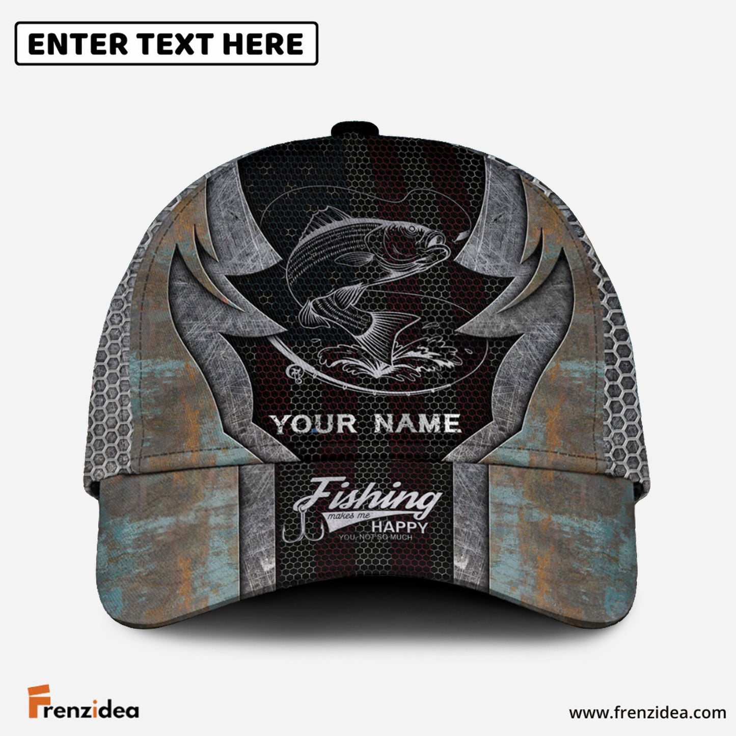 Frenzidea Personalized Striped Bass Fishing American Flag Rusty Metal Pattern Classic Cap