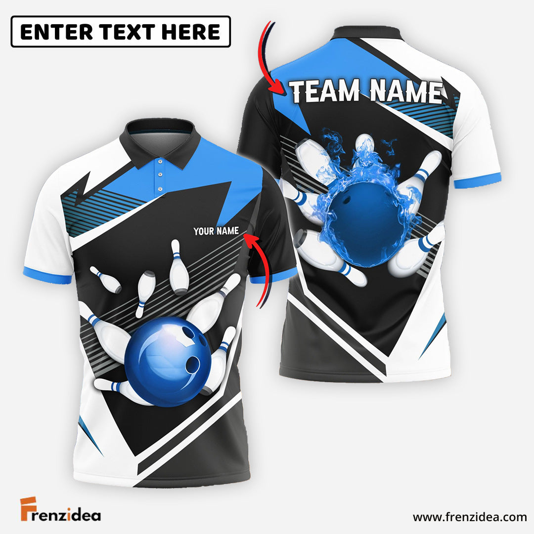 Frenzidea Bowling and Pins Tornado and Fire Pattern Customized Name, Team Name 3D Shirt (4 Colors)
