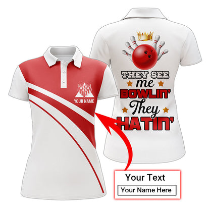 Frenzidea Red & White Bowling Funny They See Me Bowlin' They Hatin' Premium Customized Name 3D Shirt For Women