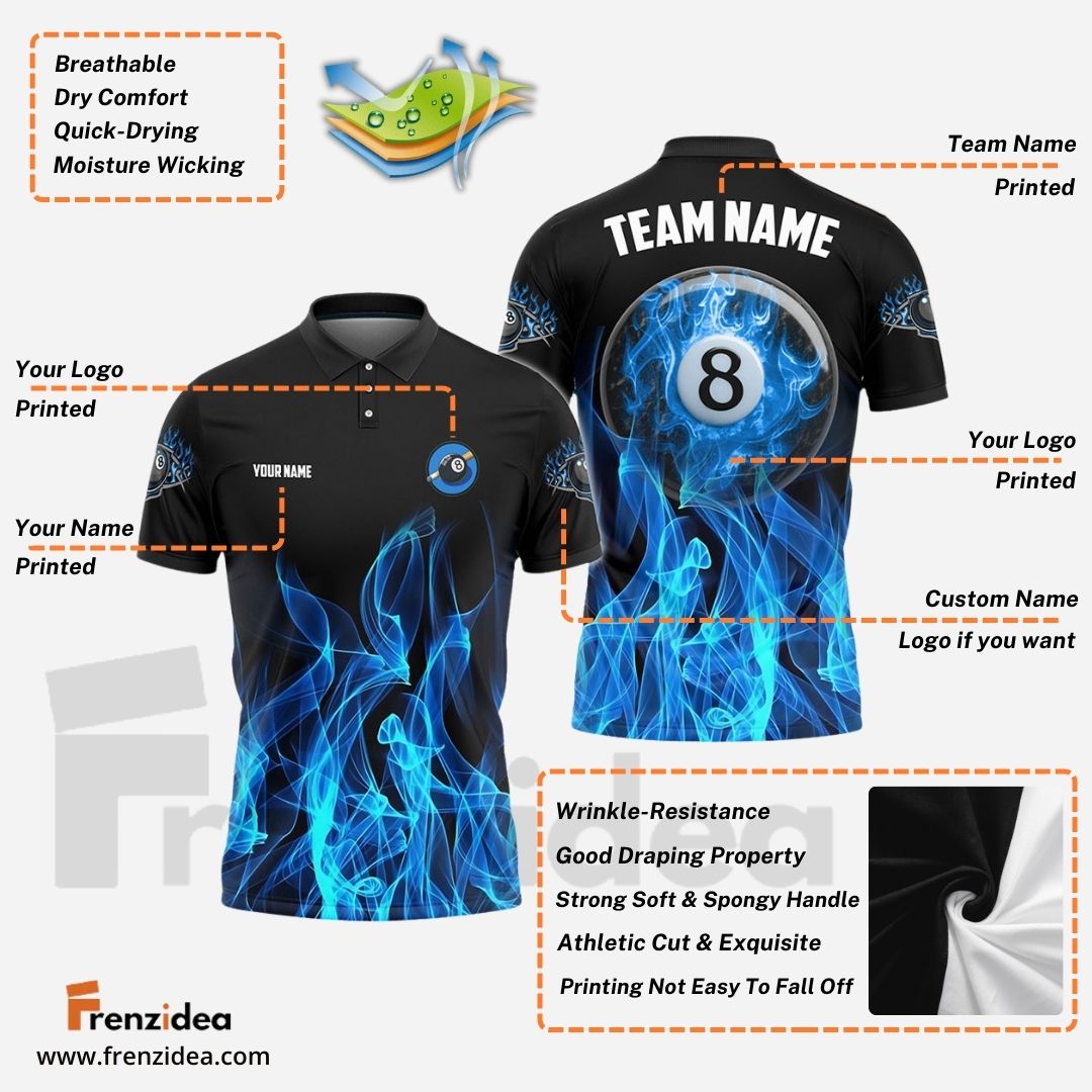 Frenzidea Billiards Ball 8 Heavenly Flame Personalized Name, Team Name Unisex Shirt ( 4 Colors )