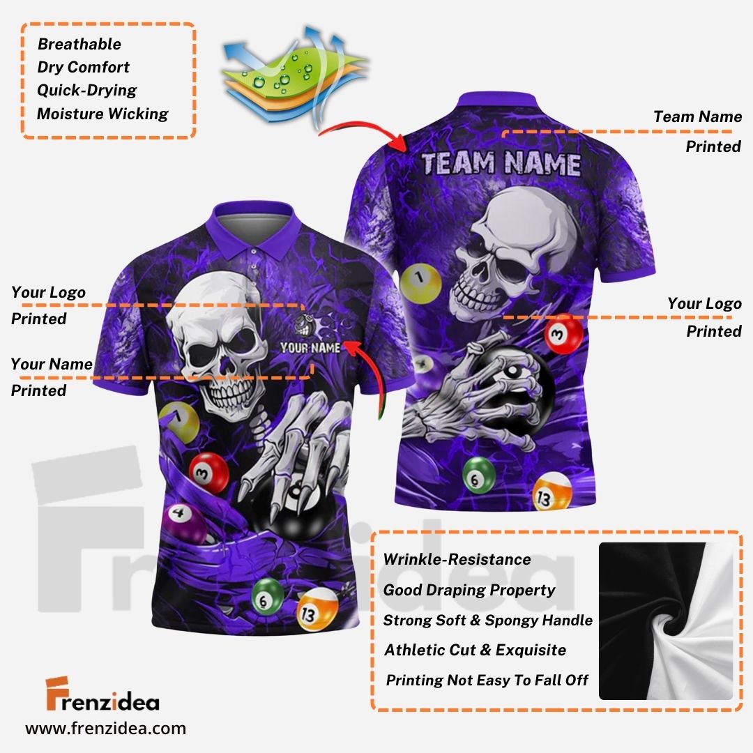 Frenzidea Billiards Ball 8 Skull Lightning Personalized Name & Team Name Shirt (4 Colors)