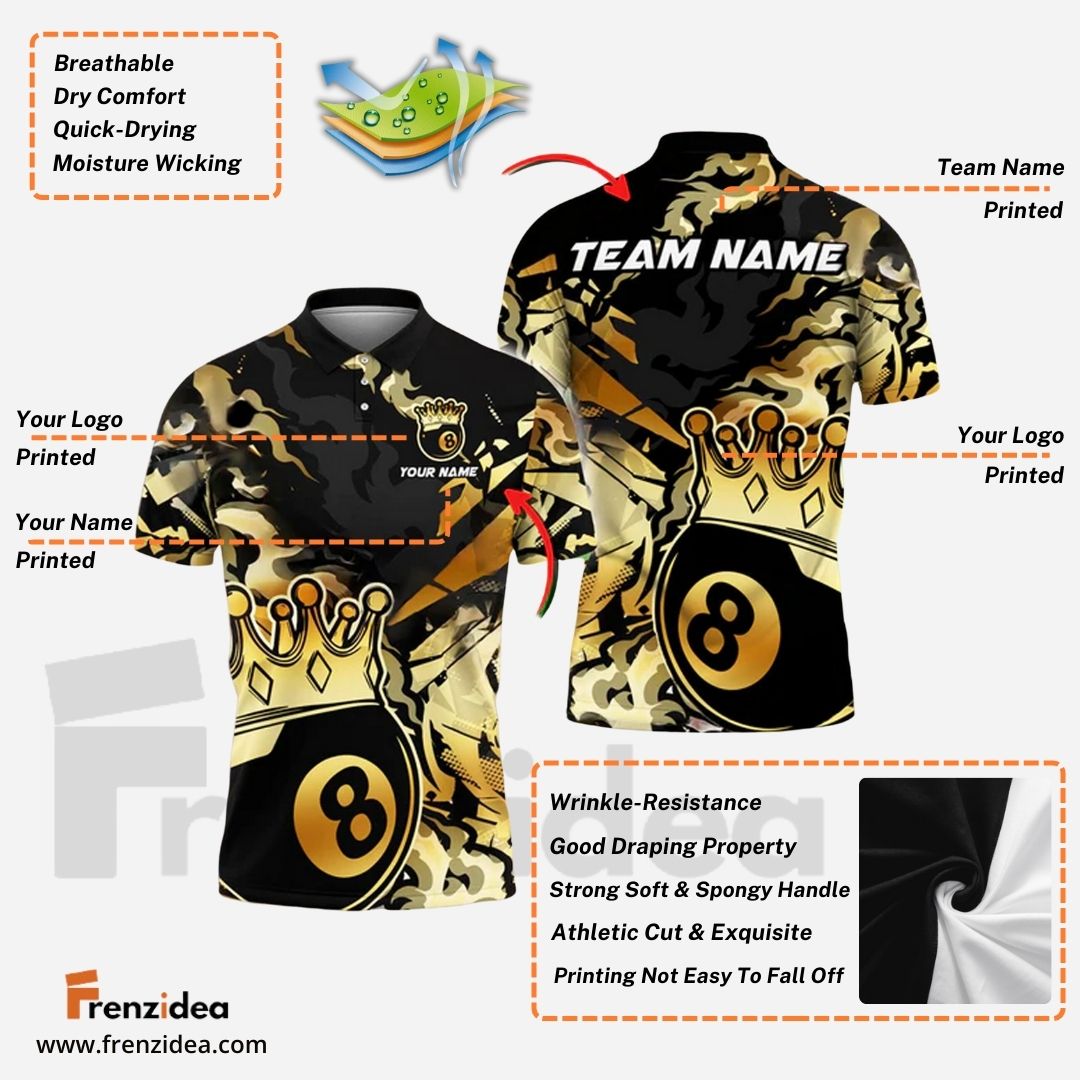 Frenzidea Billiards Ball 8 King Crown Golden Pattern Personalized Name & Team Name Shirt (4 Colors) (S)