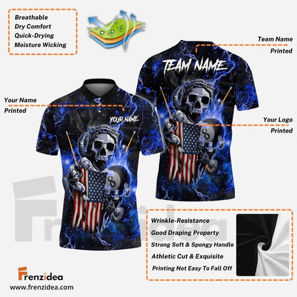 Frenzidea Billiards Ball 9 Fire Skull US Flag Personalized Name, Team Name Unisex Shirt ( 6 Colors )