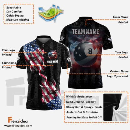 Frenzidea Billiards Ball 8 Pool Smoke US Flag Personalized Name, Team Name Unisex Shirt