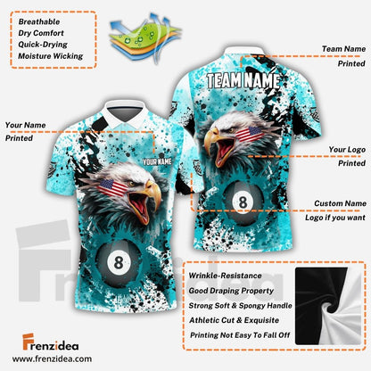 Frenzidea Billiards 8 Ball Eagle American Flag Paint Pattern Personalized Name, Team Name Unisex Shirt ( 4 Colors )