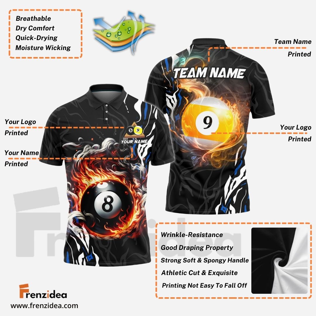 Frenzidea Billiards 8 Ball & 9 Ball Smoke Flame Personalized Name, Team Name Unisex Shirt ( 4 Colors )