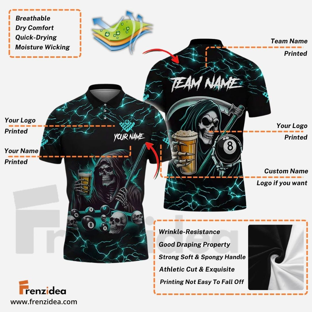 Frenzidea Billiards Ball 8 Death Skeleton & Beer Personalized Name, Team Name Shirt (6 Colors)