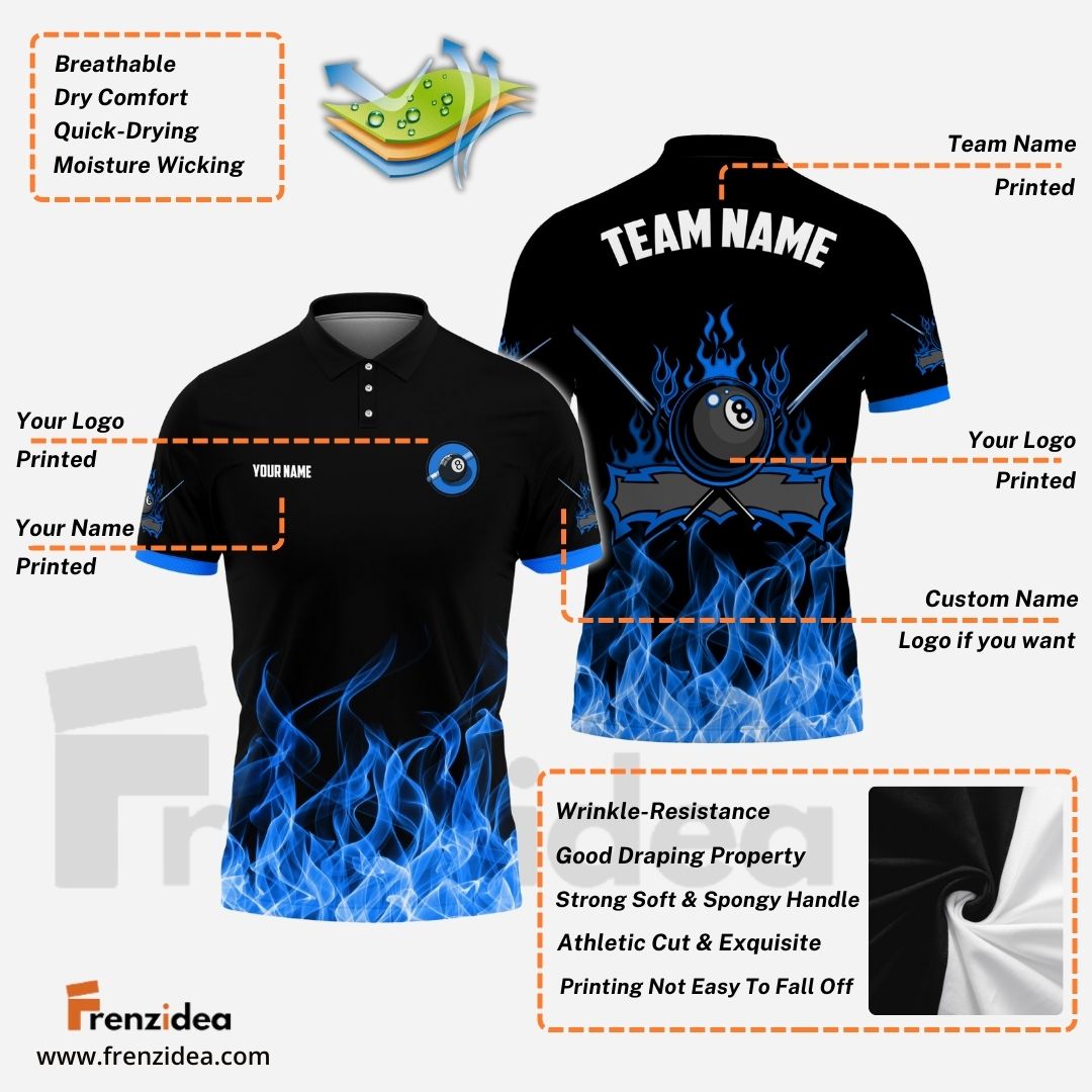 Frenzidea Personalized Billiards 8-Ball Blue Fire Pattern Shirt