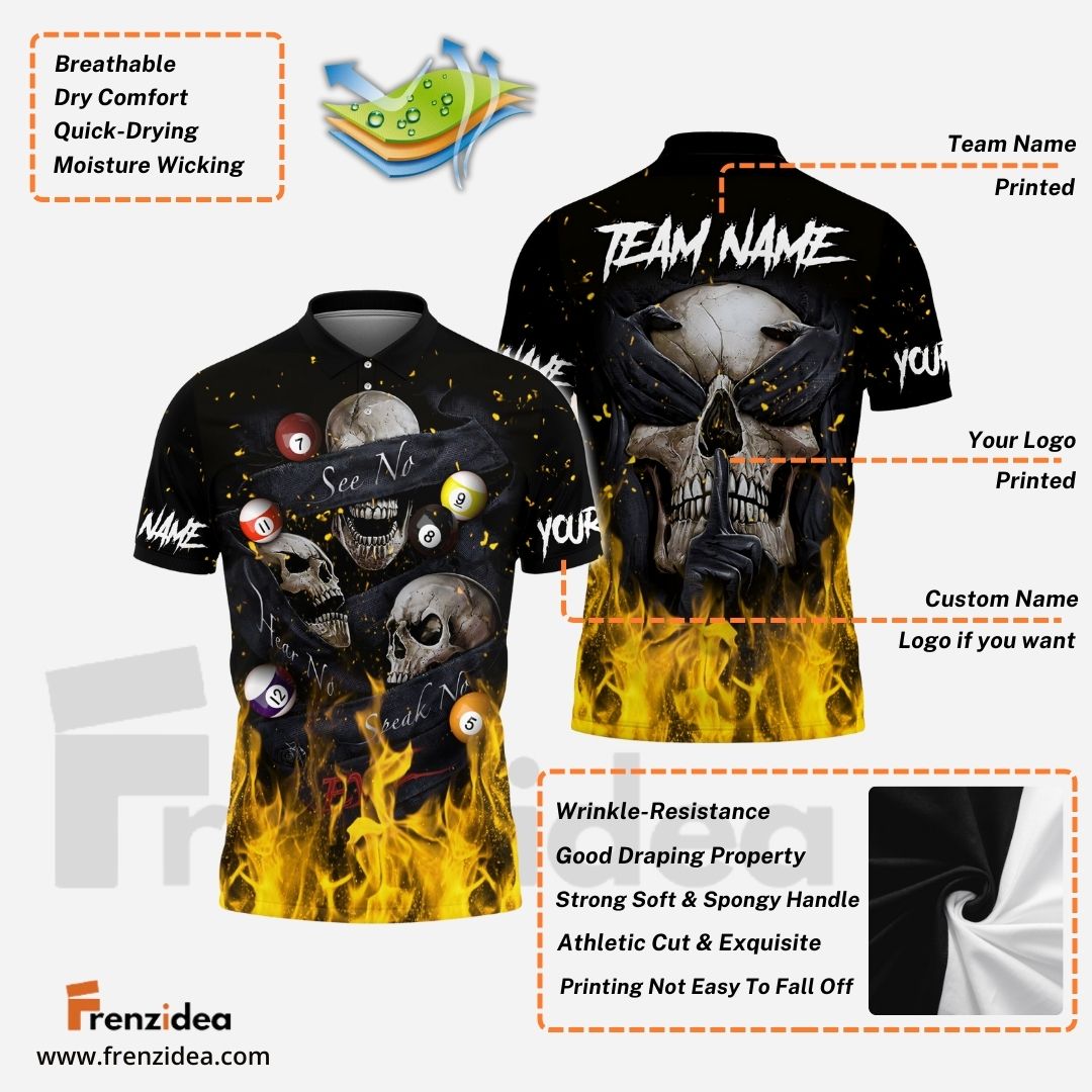 Frenzidea Billiards Flaming Blinding Skull Personalized Name, Team Name Unisex Shirt ( 6 Colors )