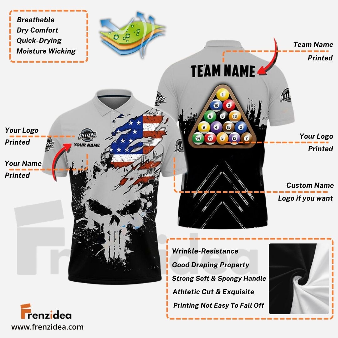 Frenzidea Billiards Ball 8 Punished Skull Personalized Name, Team Name Unisex Shirt ( 6 Colors )