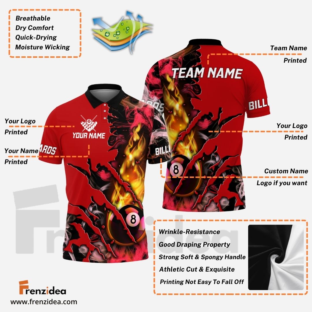 Frenzidea Billiards Flame Smoke Pattern Personalized Name, Team Name Unisex Shirt