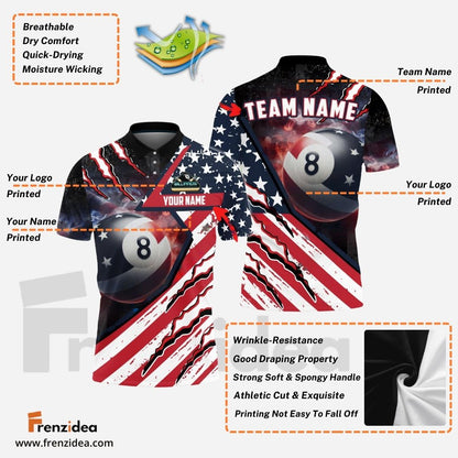 Frenzidea Billiards 8 Ball American Flag Patriot Personalized Name, Team Name Shirt