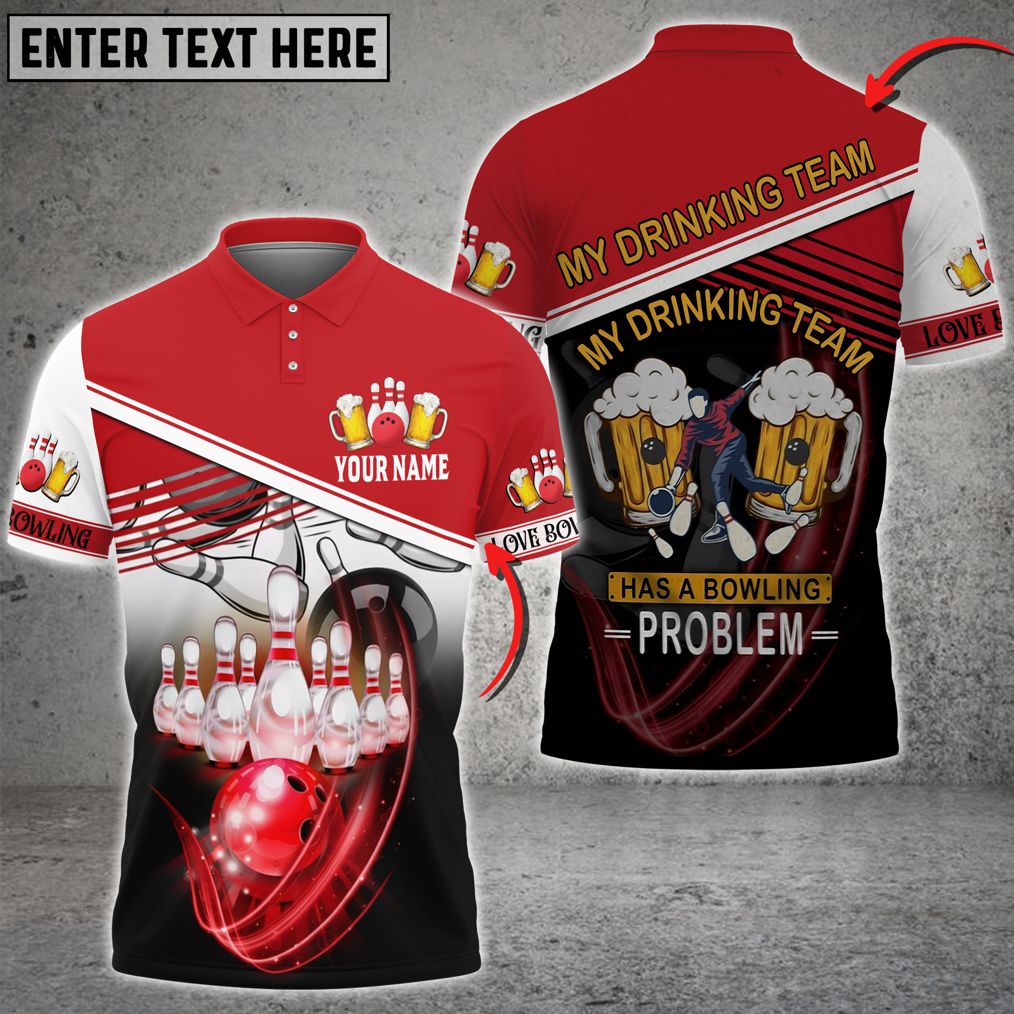 Frenzidea Drinking Team Red Bowling Ball Crashing Into Pins Personalized Name 3D Shirt