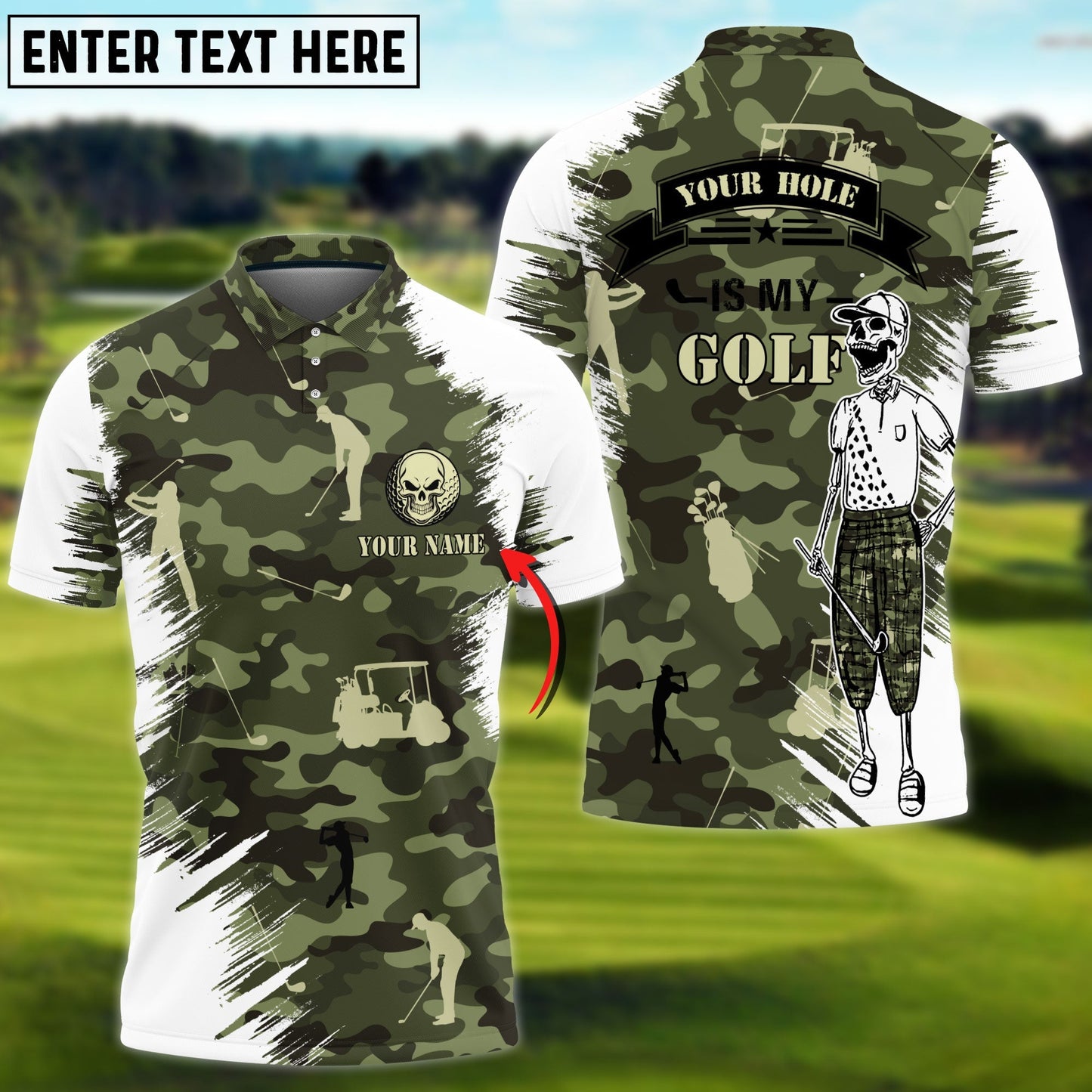 frenzidea Funny Skull Green Camo Golf  Personalized Name 3D Shirt