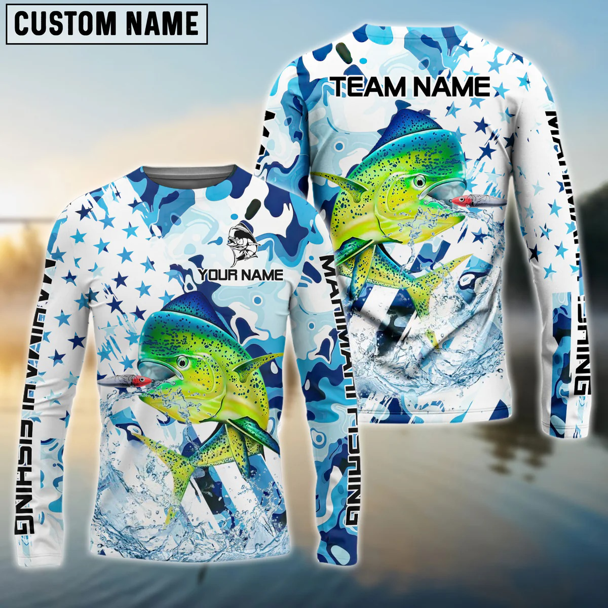 Frenzidea Mahimahi Fishing Blue White American Flag Custom Name & Team Name 3D Shirts