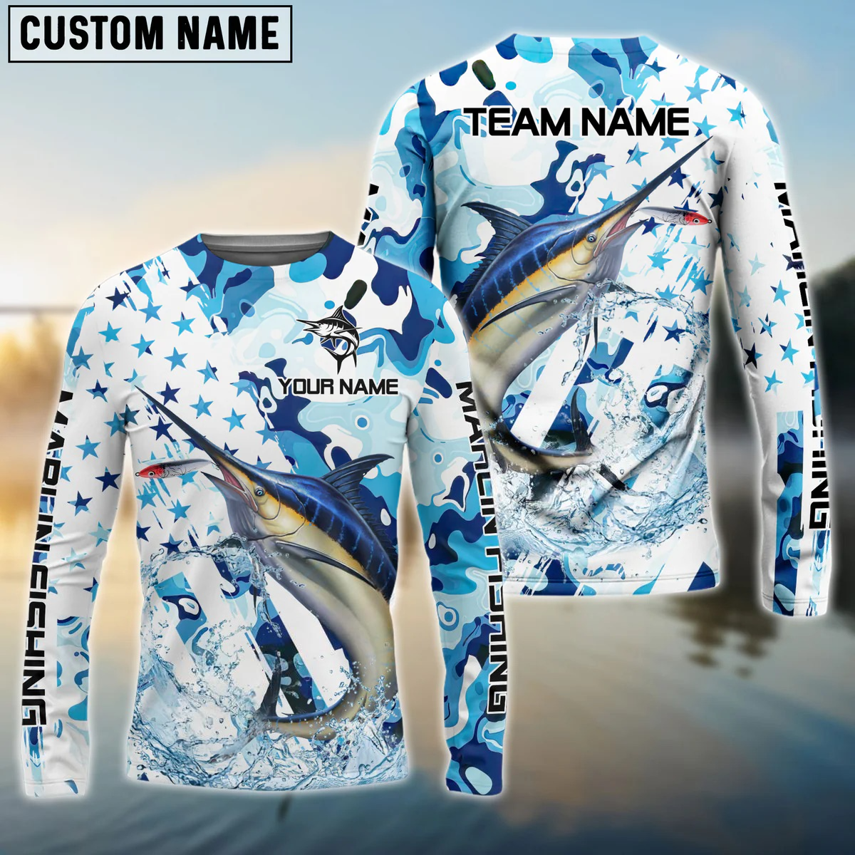 Frenzidea Marlin Fishing Blue White American Flag Custom Name & Team Name 3D Shirts