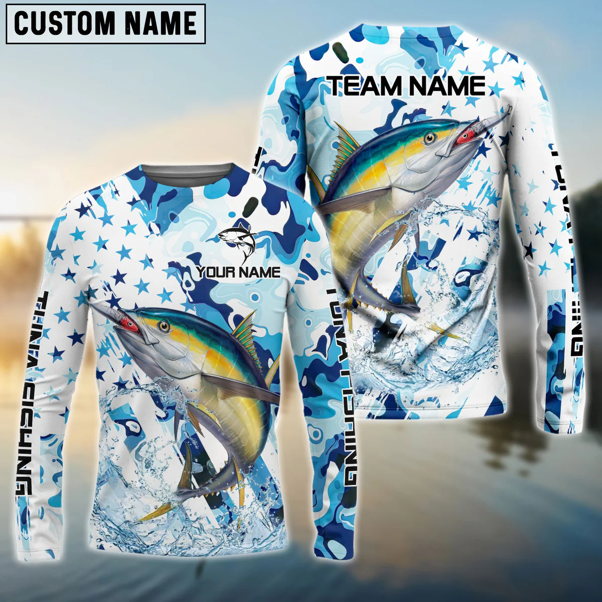 Frenzidea Tuna Fishing Blue White American Flag Custom Name & Team Name 3D Shirts