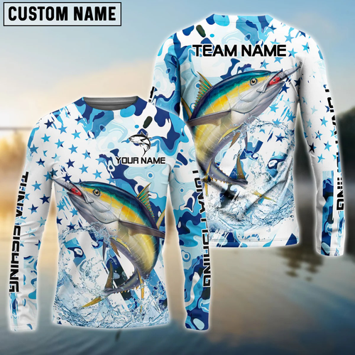 Frenzidea Tuna Fishing Blue White American Flag Custom Name & Team Name 3D Shirts