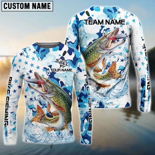 Frenzidea Pike Fishing Blue White American Flag Custom Name & Team Name 3D Shirts