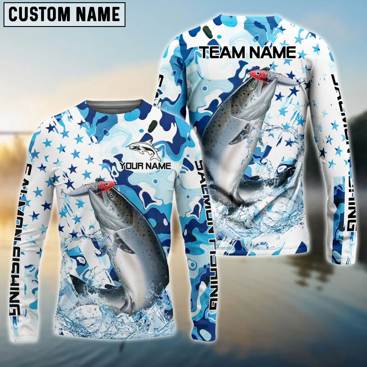 Frenzidea Salmon Fishing Blue White American Flag Custom Name & Team Name 3D Shirts