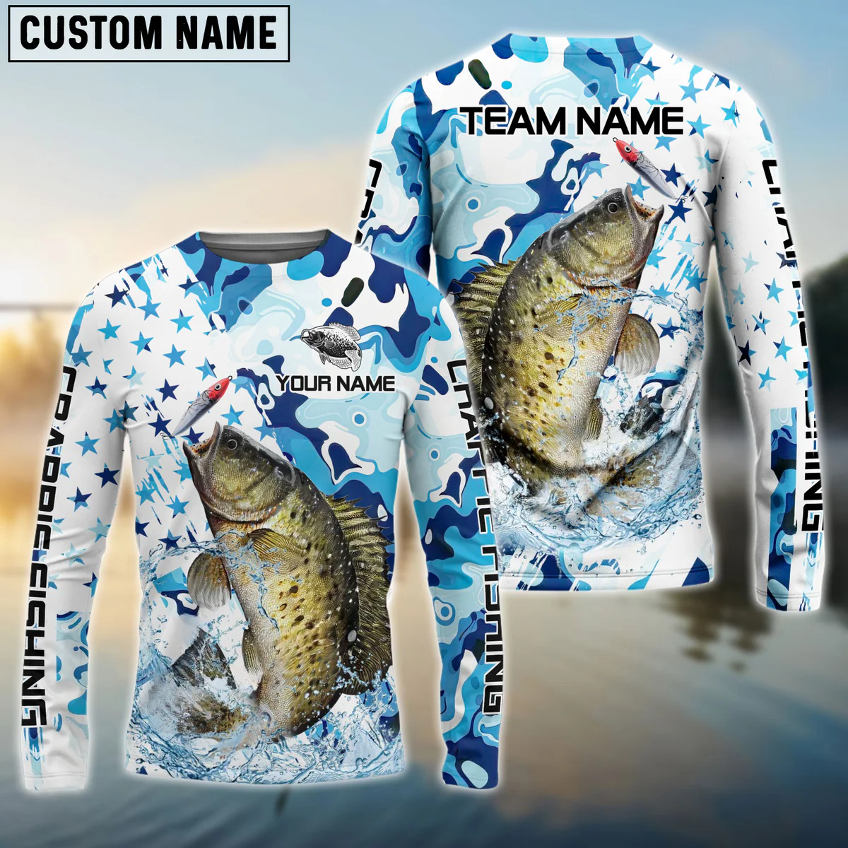 Frenzidea Crappie Fishing Blue White American Flag Custom Name & Team Name 3D Shirts