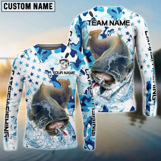 Frenzidea Catfish Fishing Blue White American Flag Custom Name & Team Name 3D Shirts