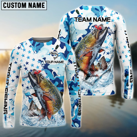 Frenzidea Trout Fishing Blue White American Flag Custom Name & Team Name 3D Shirts