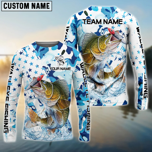 Frenzidea Walleye Fishing Blue White American Flag Custom Name & Team Name 3D Shirts