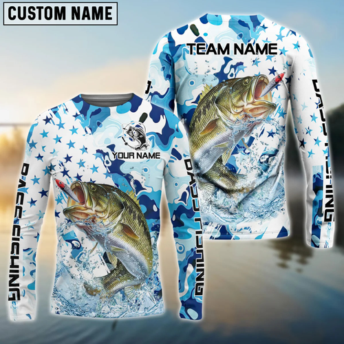 Frenzidea Bass Fishing Blue White American Flag Custom Name & Team Name 3D Shirts