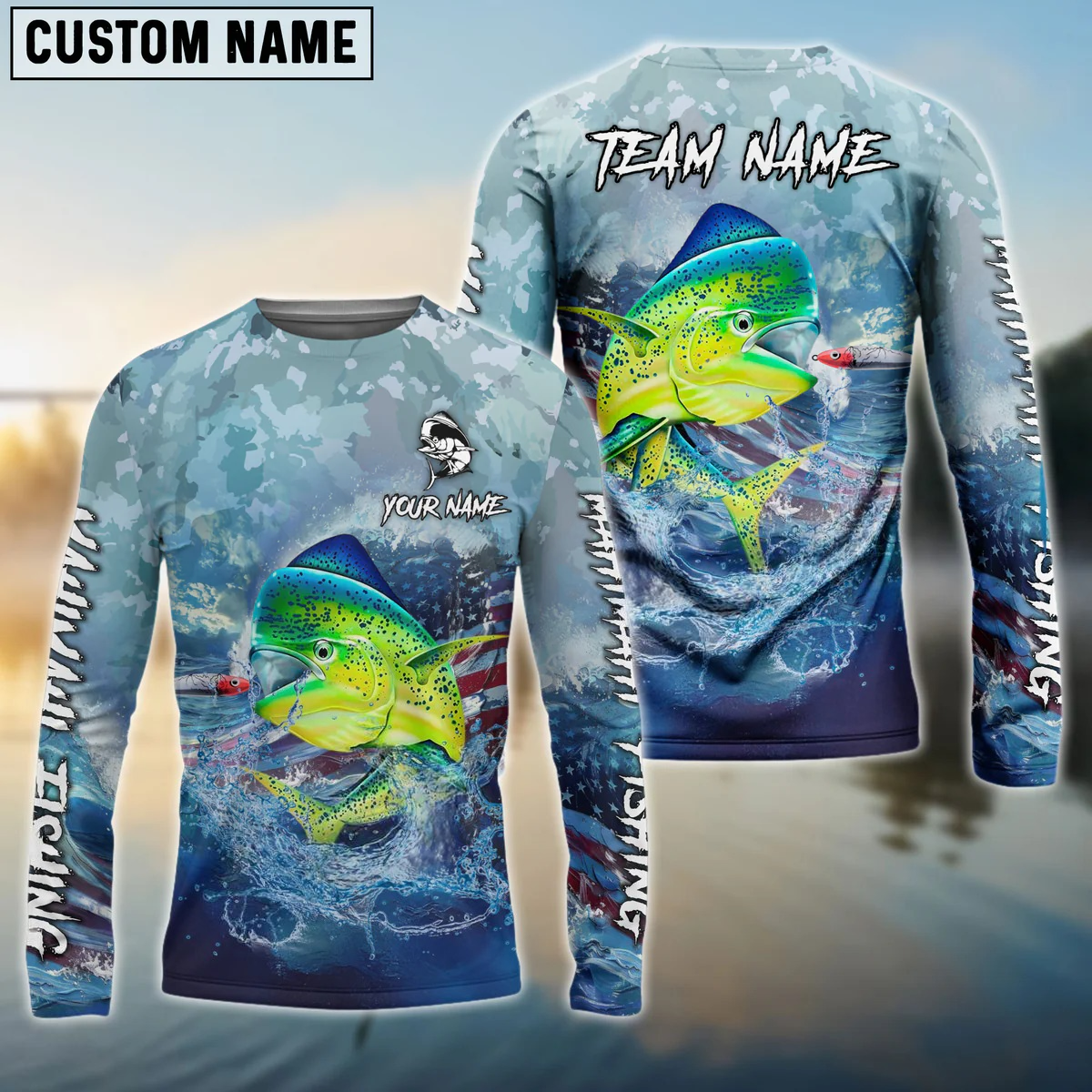 Frenzidea Mahimahi Fishing American Flag Seawave Custom Name & Team Name 3D Shirts