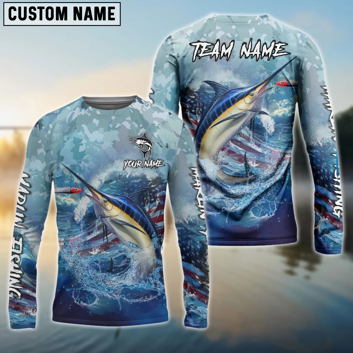 Frenzidea Marlin Fishing American Flag Seawave Custom Name & Team Name 3D Shirts