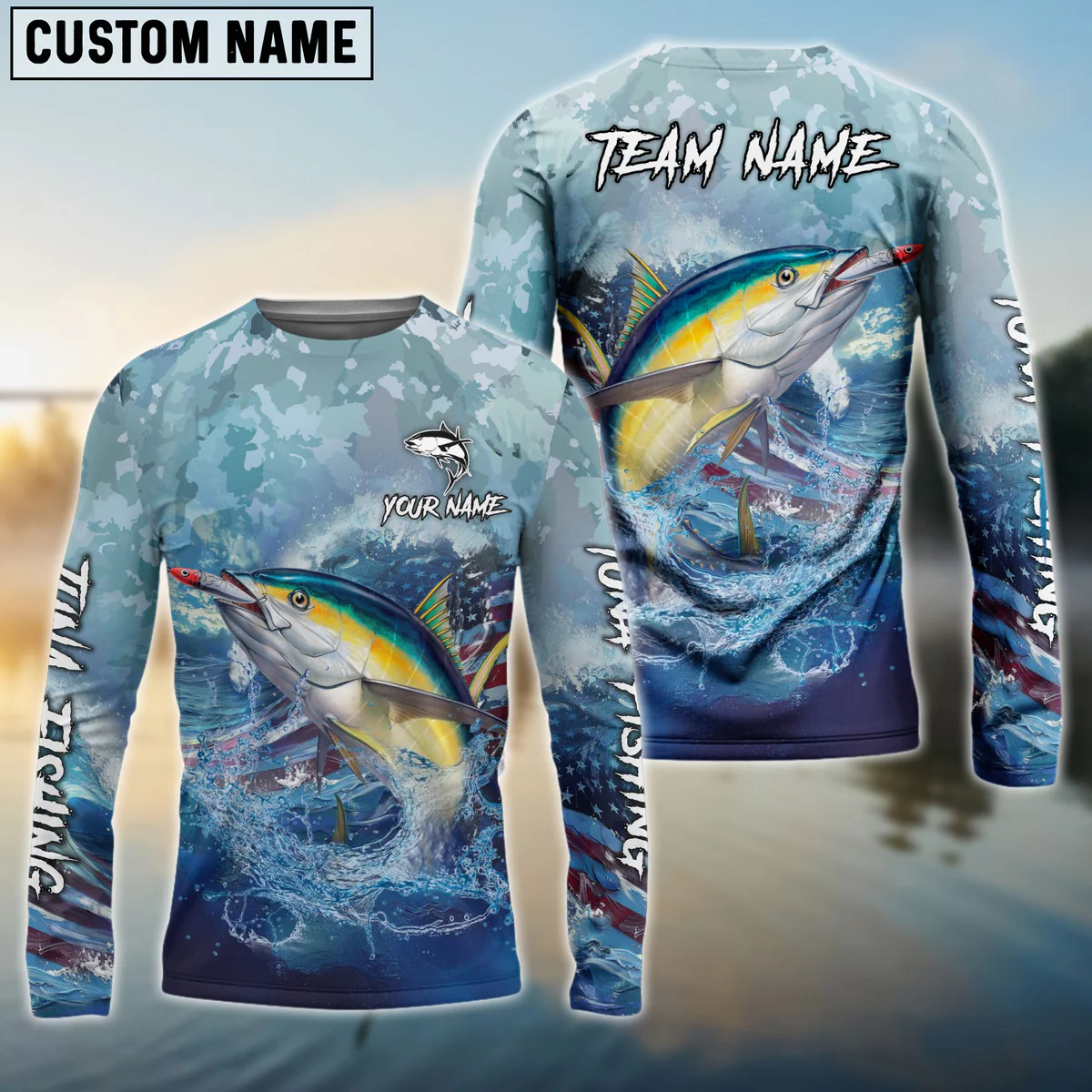 Frenzidea Tuna Fishing American Flag Seawave Custom Name & Team Name 3D Shirts