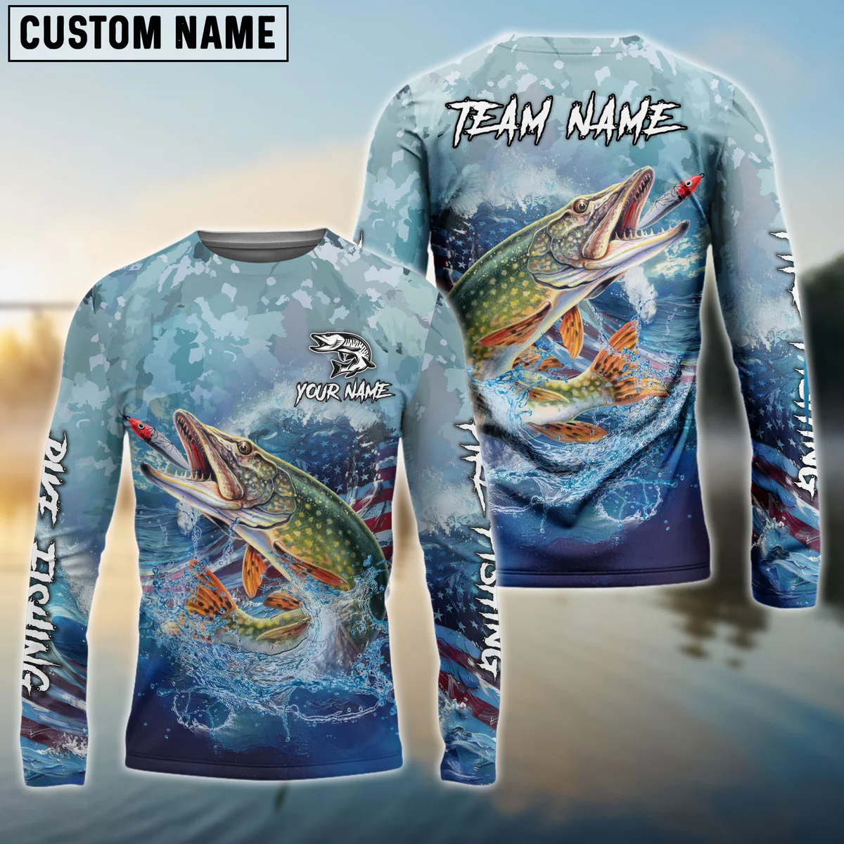 Frenzidea Pike Fishing American Flag Seawave Custom Name & Team Name 3D Shirts